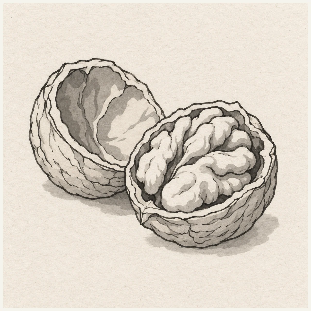 Black and gray marker drawing of two walnut shell halves, one holding a folded kernel and the other hollow, on textured sketchbook paper.