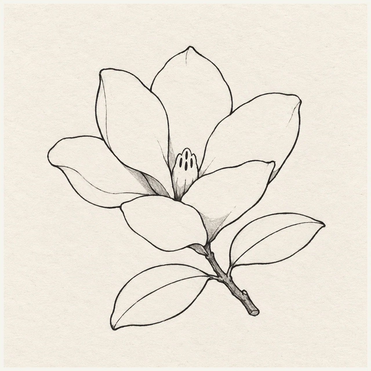 Black marker sketch of magnolia blossom on textured off-white paper, with broad petals and flower cup.