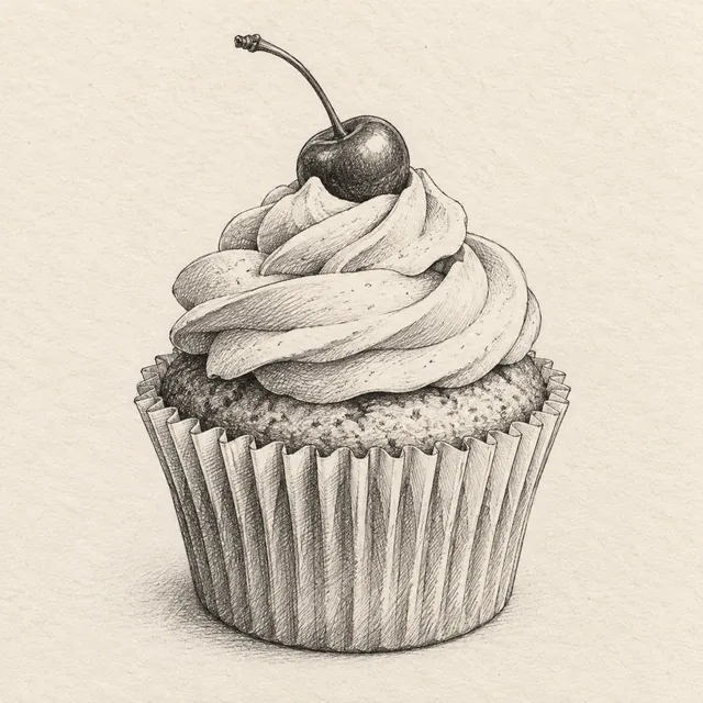 One cupcake in a pleated paper wrapper with a modest frosting swirl and one small cherry. Black and gray fineliner drawing on warm textured sketchbook paper.