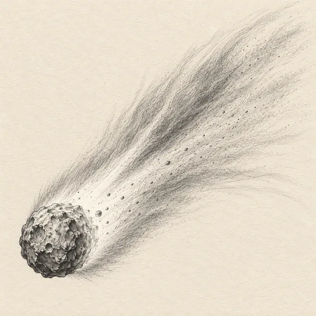 Comet drawn in black and gray fineliner on pale cream textured sketchbook paper, with a complete silhouette and open margins.