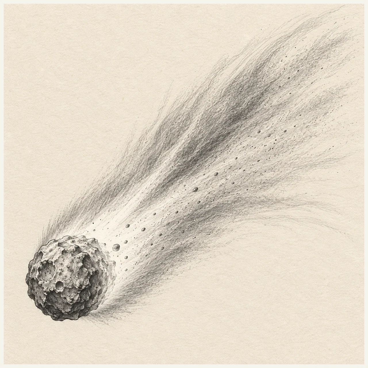 Comet drawn in black and gray fineliner on pale cream textured sketchbook paper, with a complete silhouette and open margins.