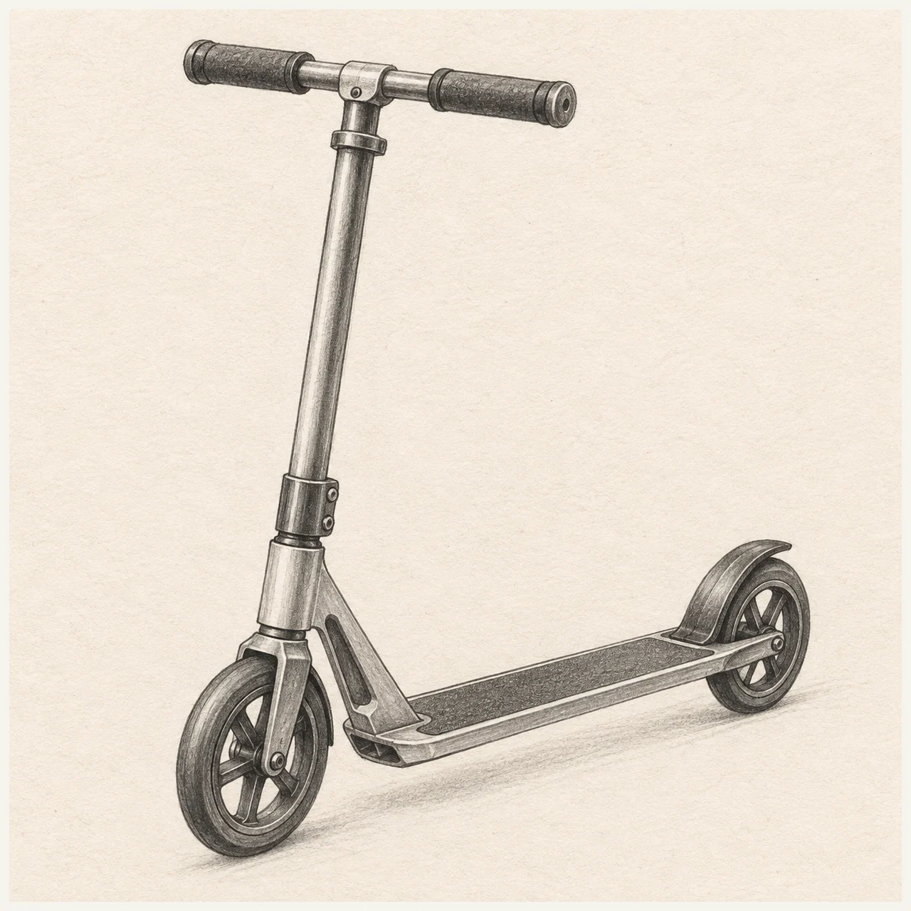 Kick scooter drawn in black and gray pencil on pale cream textured sketchbook paper, with a complete silhouette and open margins.