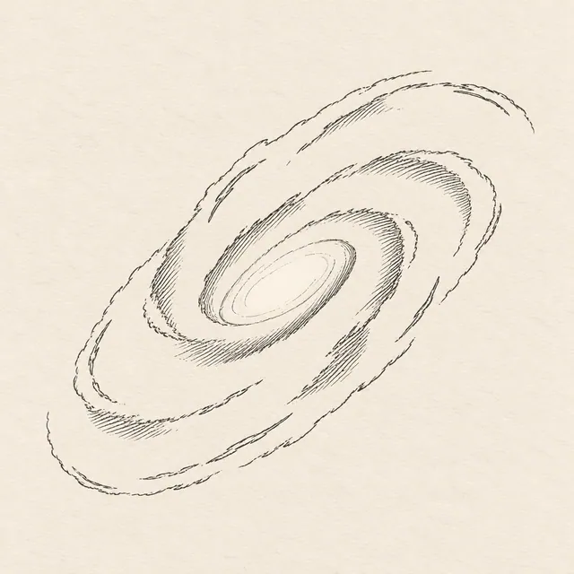 Spiral galaxy drawn in black and gray fineliner on pale cream textured sketchbook paper, with a complete silhouette and open margins.