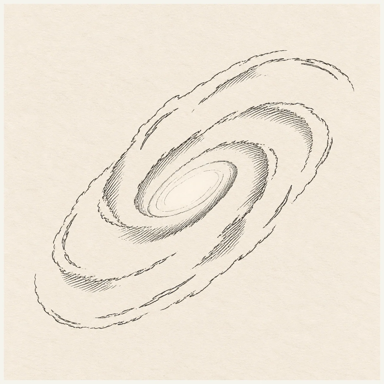 Spiral galaxy drawn in black and gray fineliner on pale cream textured sketchbook paper, with a complete silhouette and open margins.