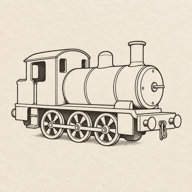 Steam locomotive drawn in black and gray fineliner on pale cream textured sketchbook paper, with a complete silhouette and open margins.