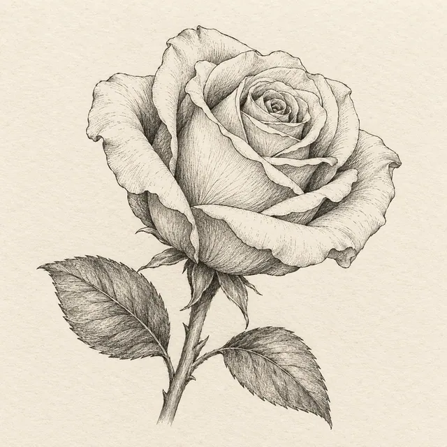 One rose bloom in three-quarter view with nested overlapping petals, short stem and two leaves. Black and gray fineliner drawing on warm textured sketchbook paper.