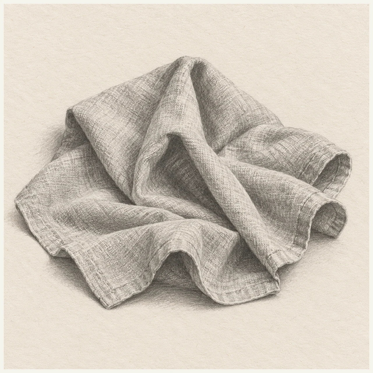 Detailed pencil drawing of draped linen with overlapping folds, curved hems, and visible woven texture on textured paper.