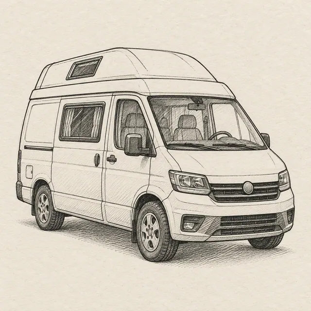 Camper van drawn in black and gray fineliner on pale cream textured sketchbook paper, with a complete silhouette and open margins.