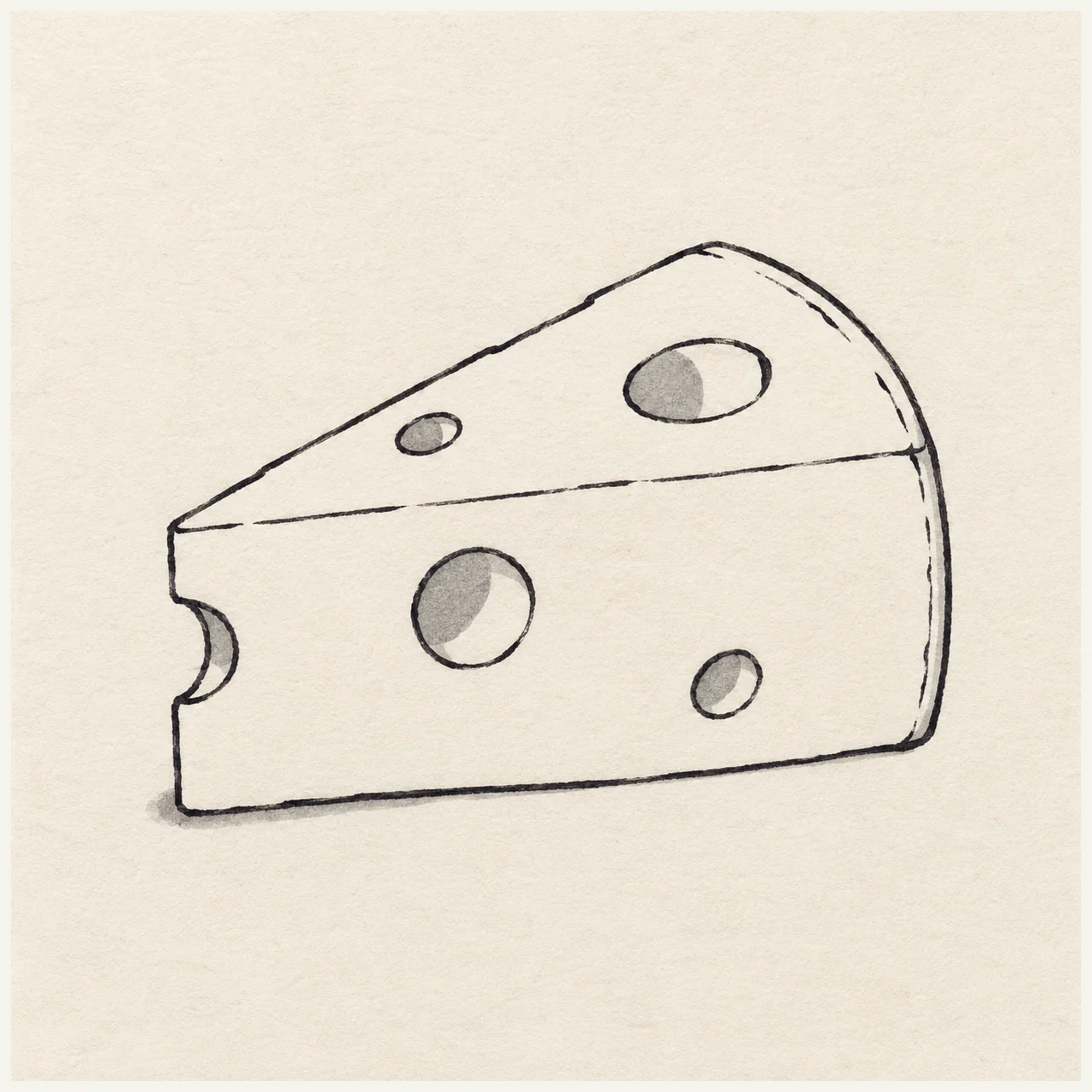 Black marker sketch of cheese wedge on textured off-white paper, with wedge perspective and round holes.