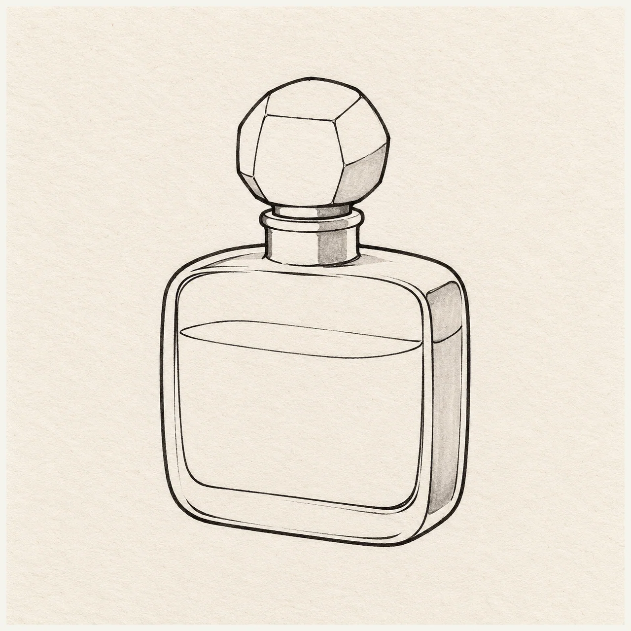 Black marker sketch of perfume bottle on textured off-white paper, with glass planes and rounded stopper.