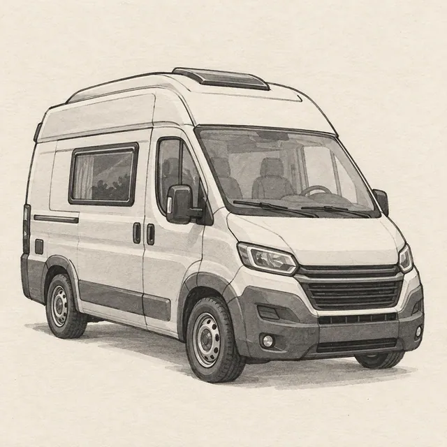 Camper van drawn in black and gray marker on pale cream textured sketchbook paper, with a complete silhouette and open margins.