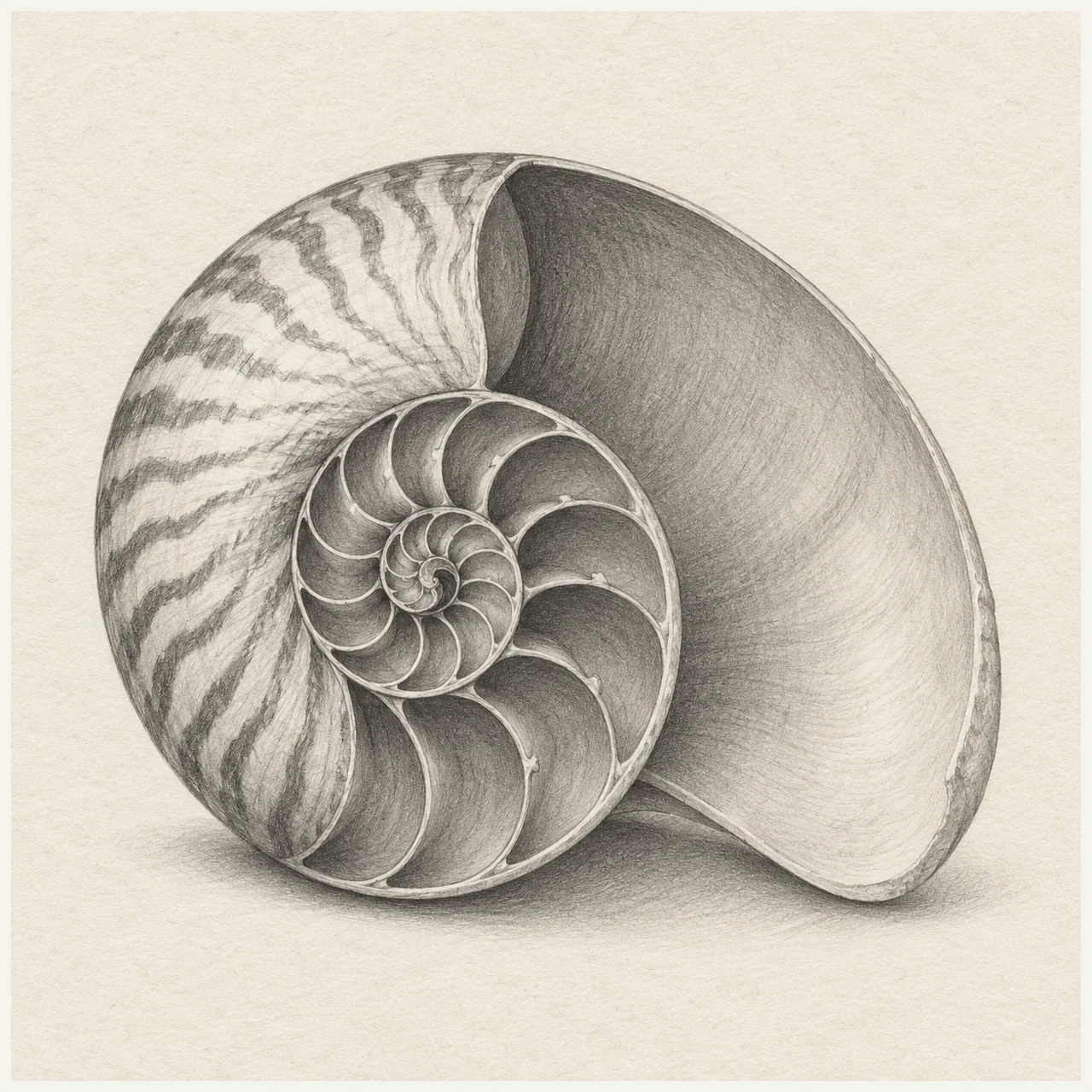 Detailed pencil drawing of a cutaway nautilus shell with spiral chambers, striped outer shell, and a shaded opening on textured paper.