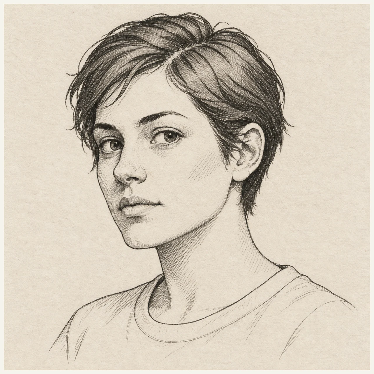 Portrait drawn in black and gray fineliner on pale cream textured sketchbook paper, with a complete silhouette and open margins.