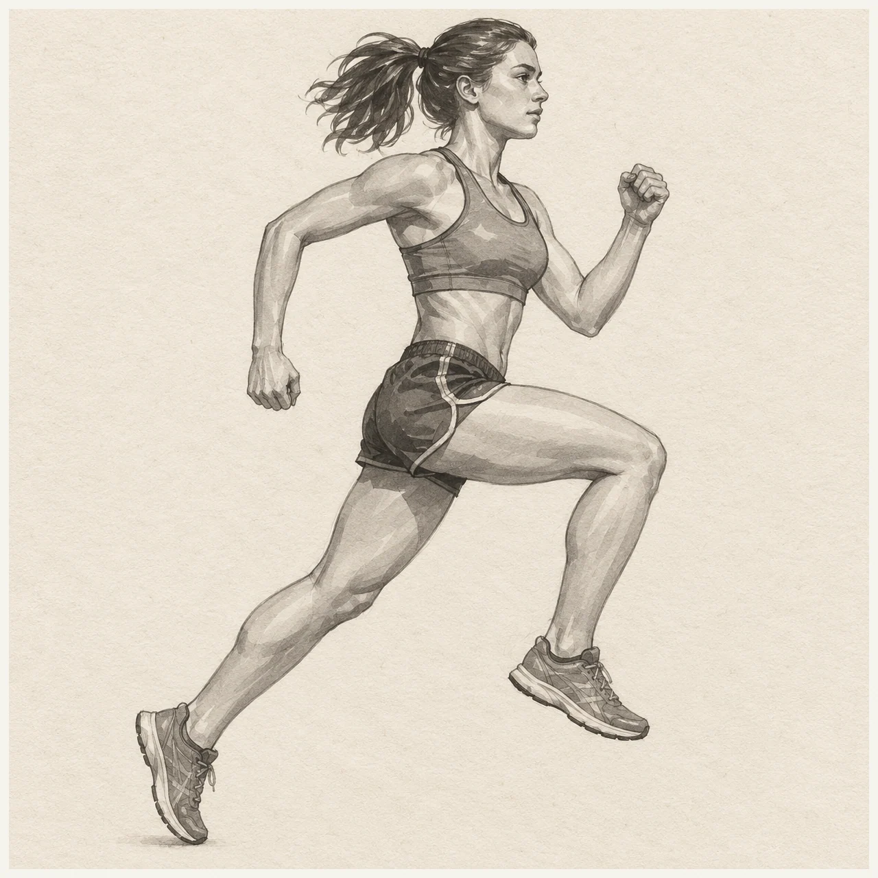 Runner drawn in black and gray marker on pale cream textured sketchbook paper, with a complete silhouette and open margins.