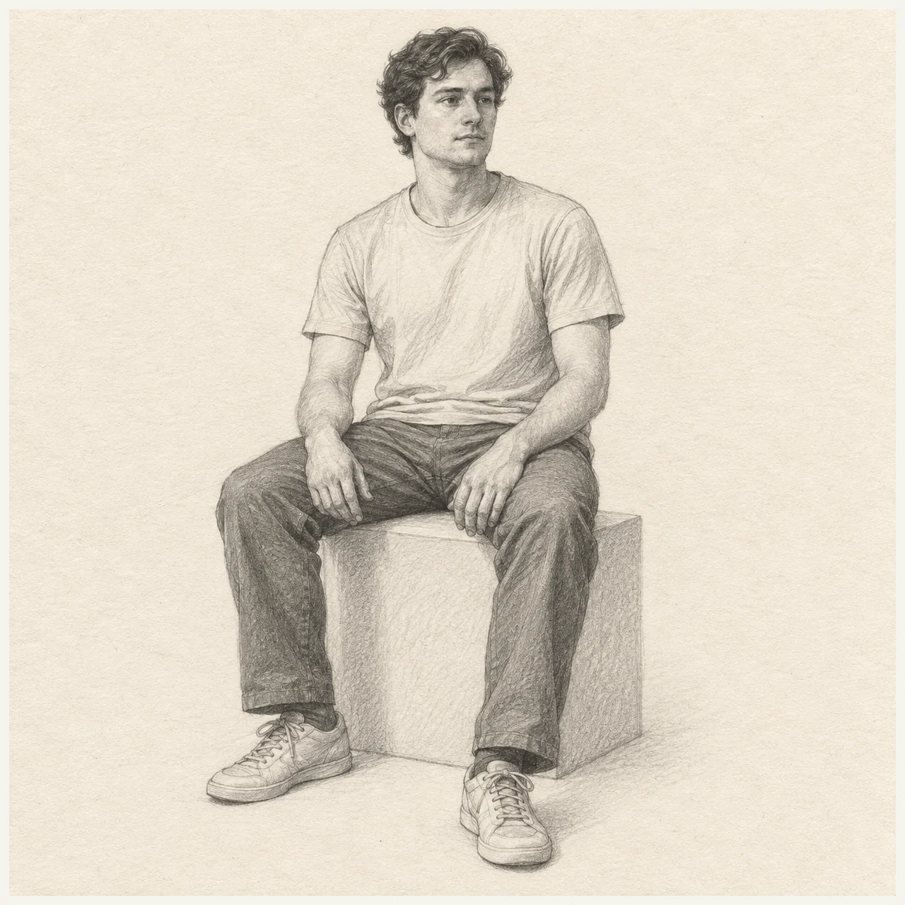 Seated person drawn in black and gray pencil on pale cream textured sketchbook paper, with a complete silhouette and open margins.
