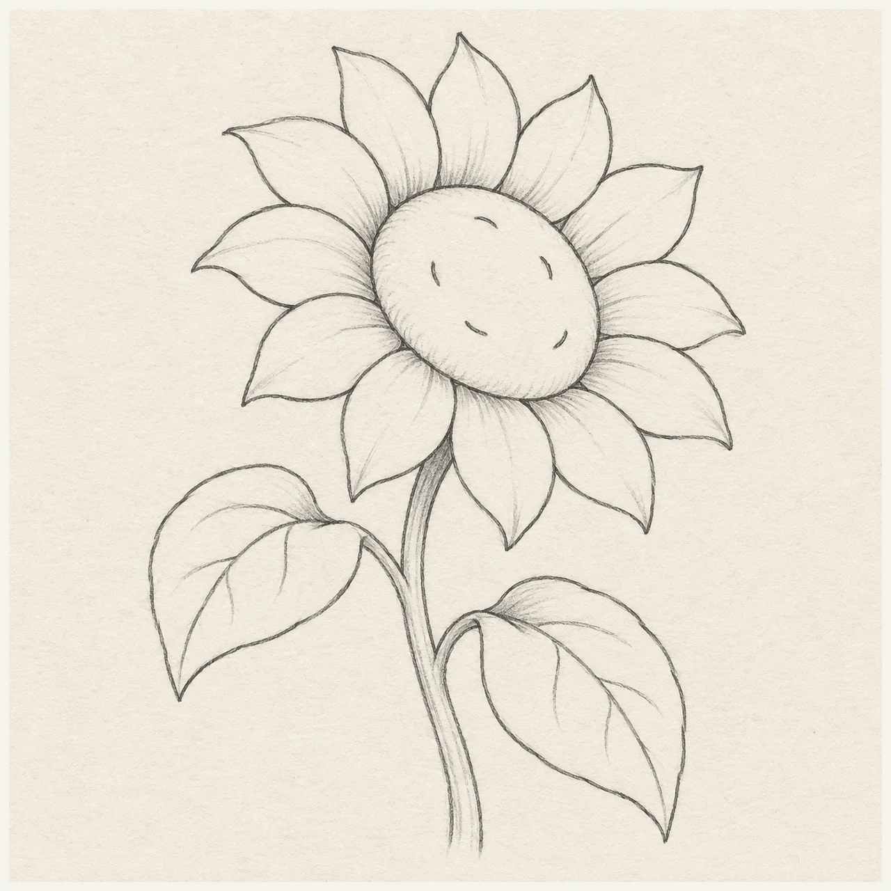 Graphite sketch of sunflower on textured off-white paper, with large petals and leaf fold.