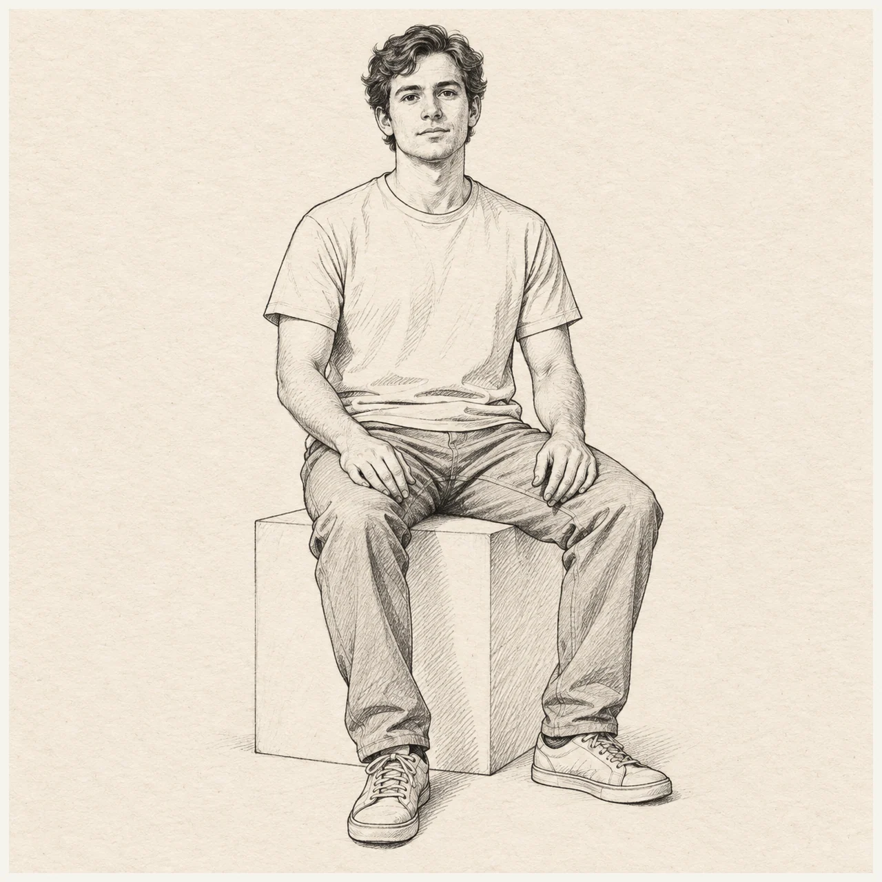 Seated person drawn in black and gray fineliner on pale cream textured sketchbook paper, with a complete silhouette and open margins.