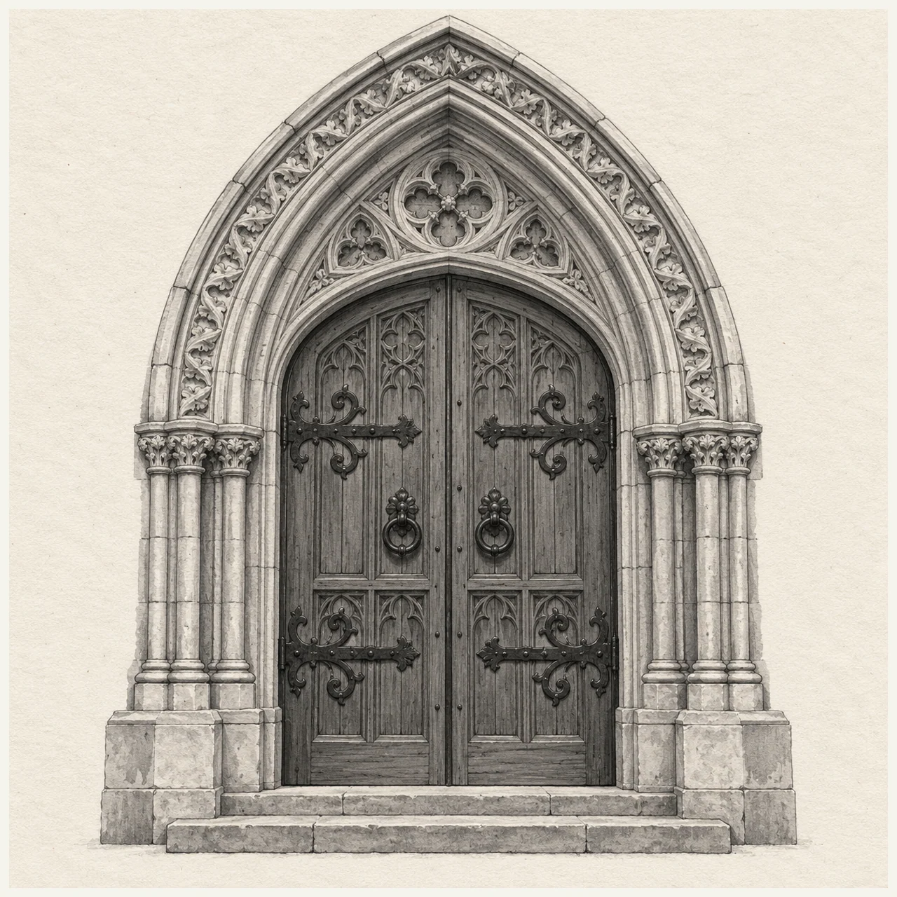 Detailed black and gray marker drawing of a pointed cathedral doorway with two wooden doors and recessed stone moldings on textured paper.