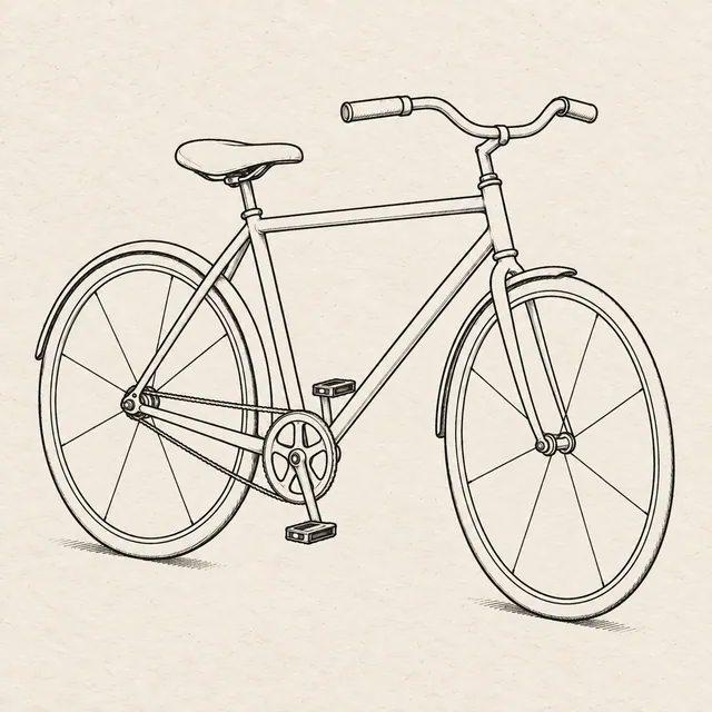 Bicycle drawn in black and gray fineliner on pale cream textured sketchbook paper, with a complete silhouette and open margins.