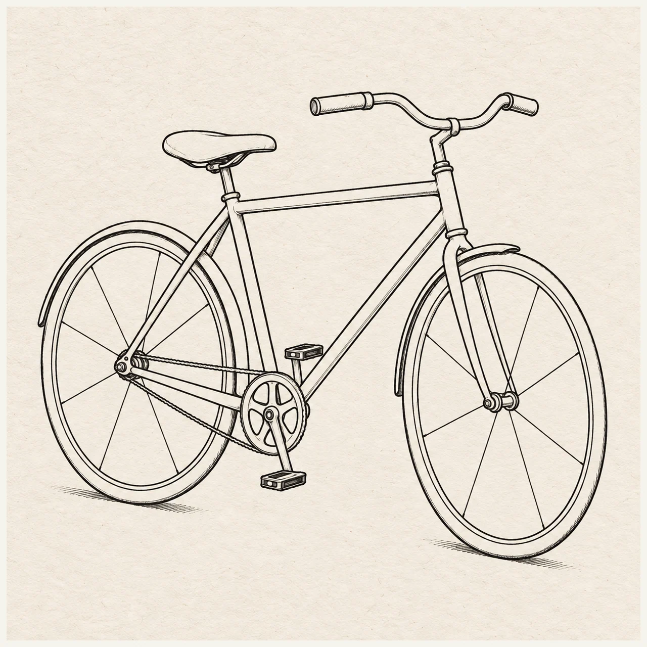 Bicycle drawn in black and gray fineliner on pale cream textured sketchbook paper, with a complete silhouette and open margins.