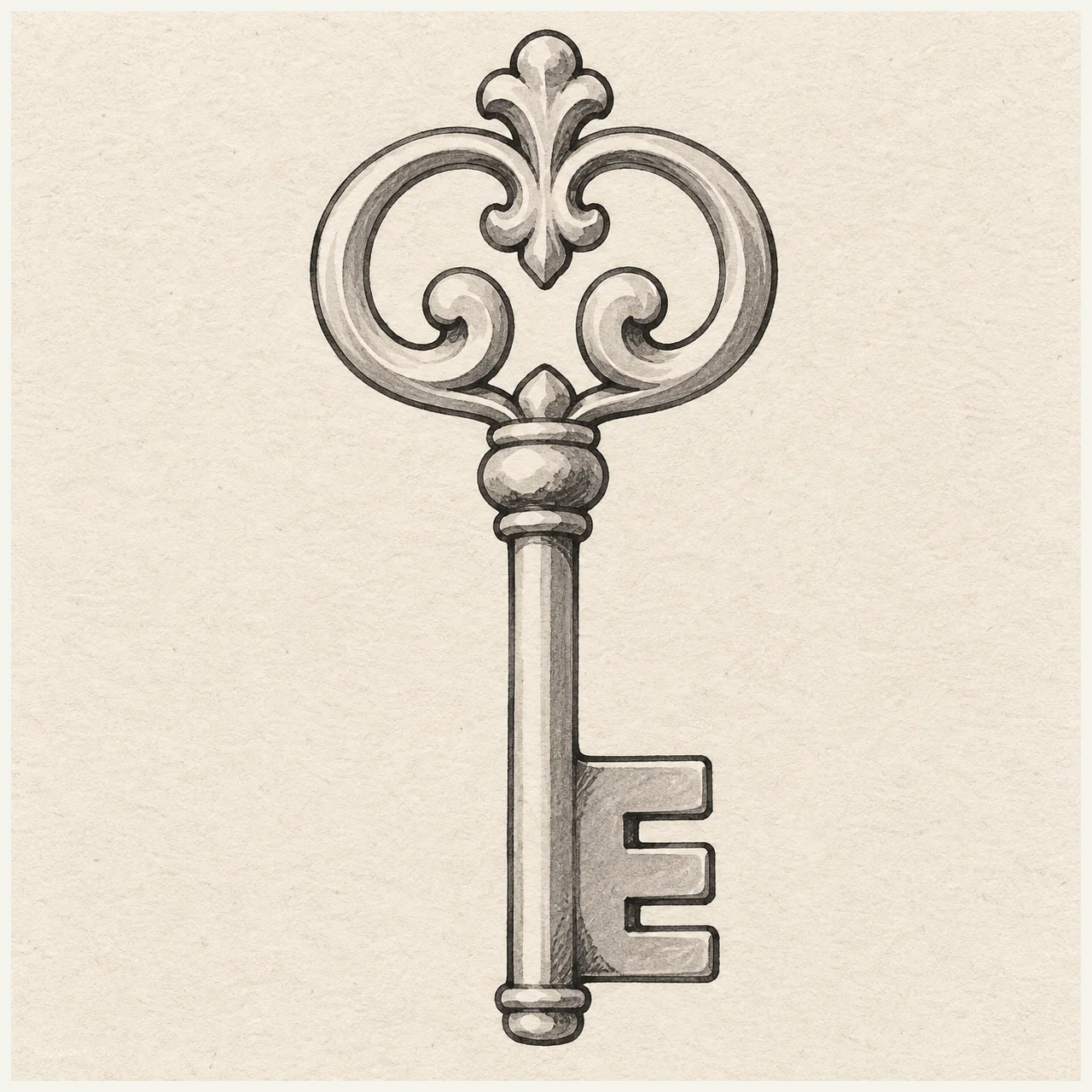 Magic key drawn in black and gray marker on pale cream textured sketchbook paper, with a complete silhouette and open margins.