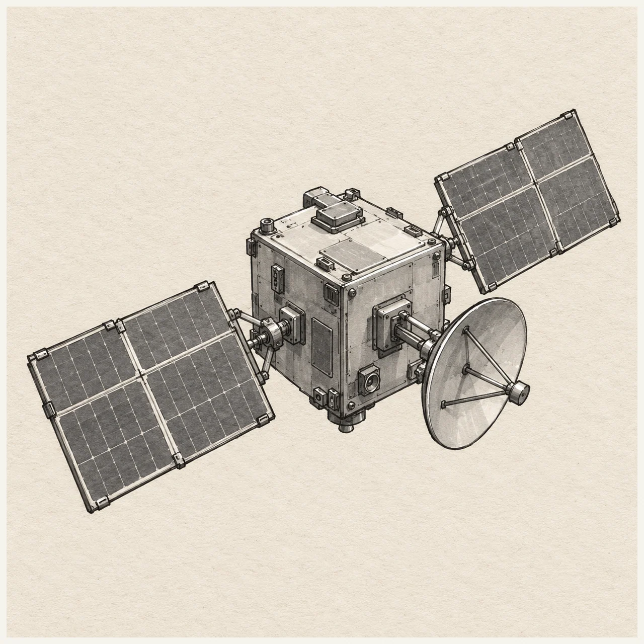 Orbital satellite drawn in black and gray marker on pale cream textured sketchbook paper, with a complete silhouette and open margins.