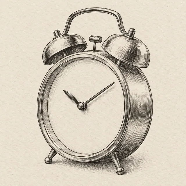 One twin-bell alarm clock in three-quarter view, plain circular face with two hands and no numerals, two bells and two feet. Black and gray fineliner drawing on warm textured sketchbook paper.