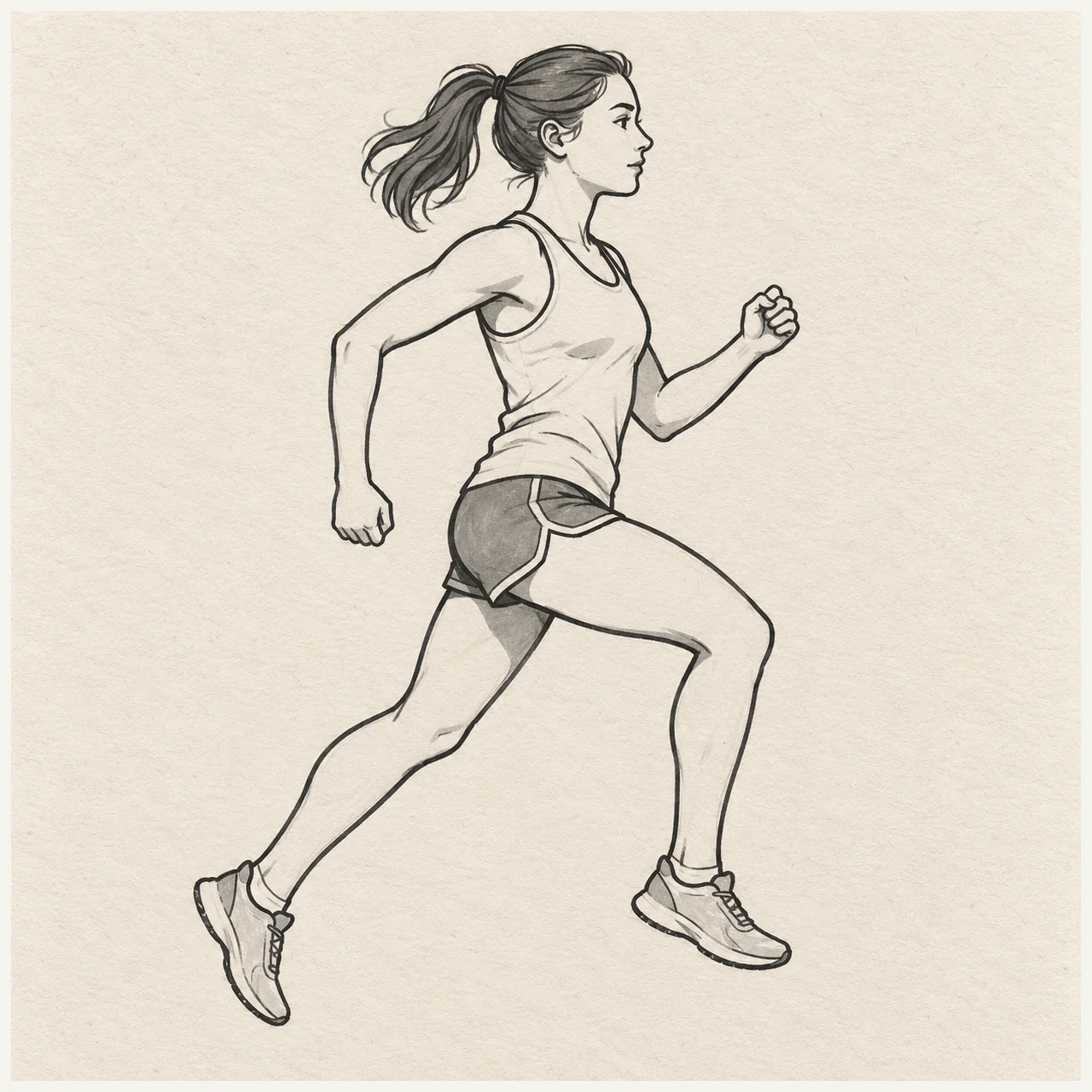 Runner drawn in black and gray marker on pale cream textured sketchbook paper, with a complete silhouette and open margins.