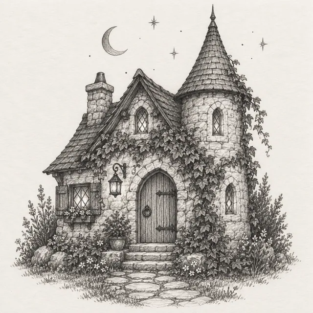 A detailed pencil cottage with a pointed turret, arched door, ivy, and a few stars above.