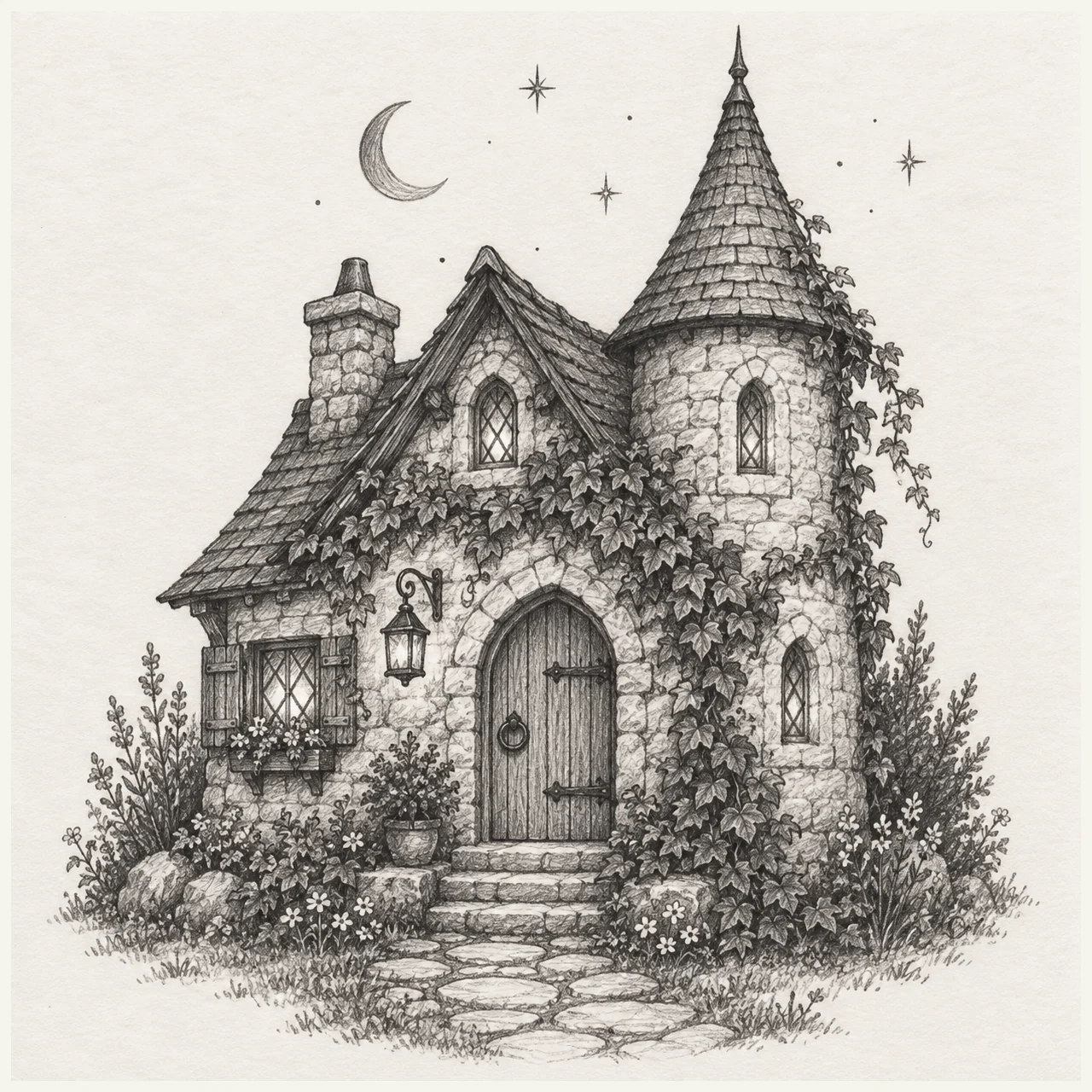 A detailed pencil cottage with a pointed turret, arched door, ivy, and a few stars above.