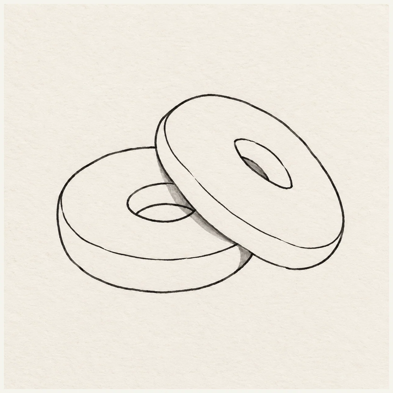 Black and gray marker drawing of two sliced bagel halves with tilted oval holes and curved thickness edges on pale textured sketchbook paper.