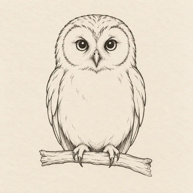 A front-facing perched owl, rounded body, two folded wings, two eyes, small hooked beak and two feet gripping one short branch. Black and gray fineliner drawing on warm textured sketchbook paper.