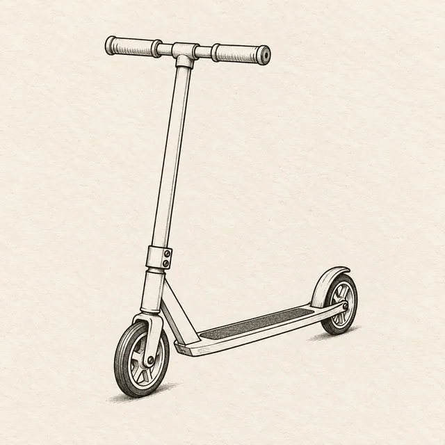 Kick scooter drawn in black and gray fineliner on pale cream textured sketchbook paper, with a complete silhouette and open margins.
