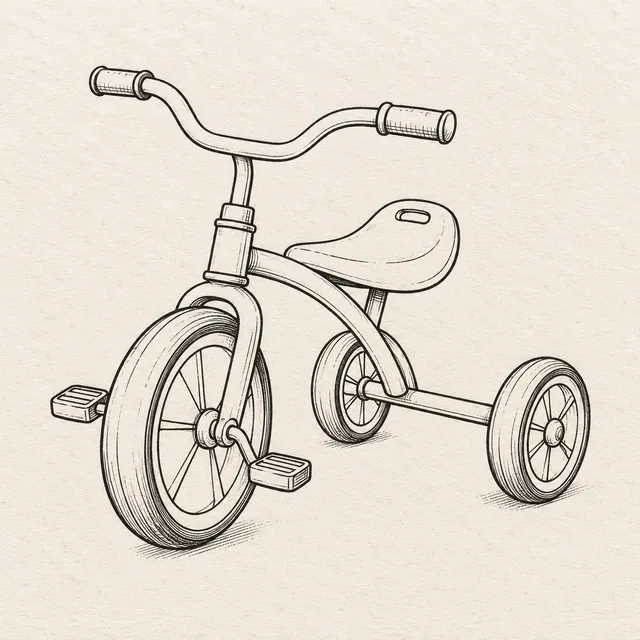 Tricycle drawn in black and gray fineliner on pale cream textured sketchbook paper, with a complete silhouette and open margins.