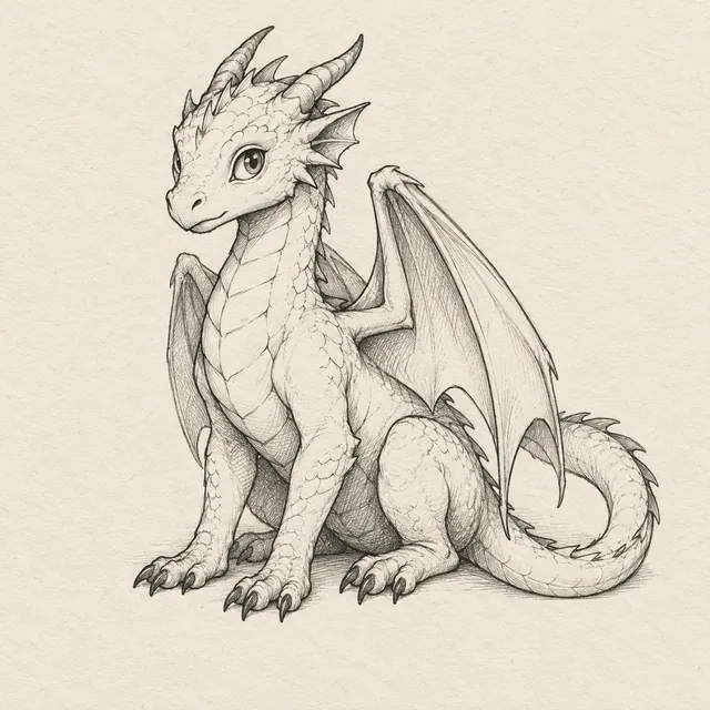 Dragon drawn in black and gray fineliner on pale cream textured sketchbook paper, with a complete silhouette and open margins.