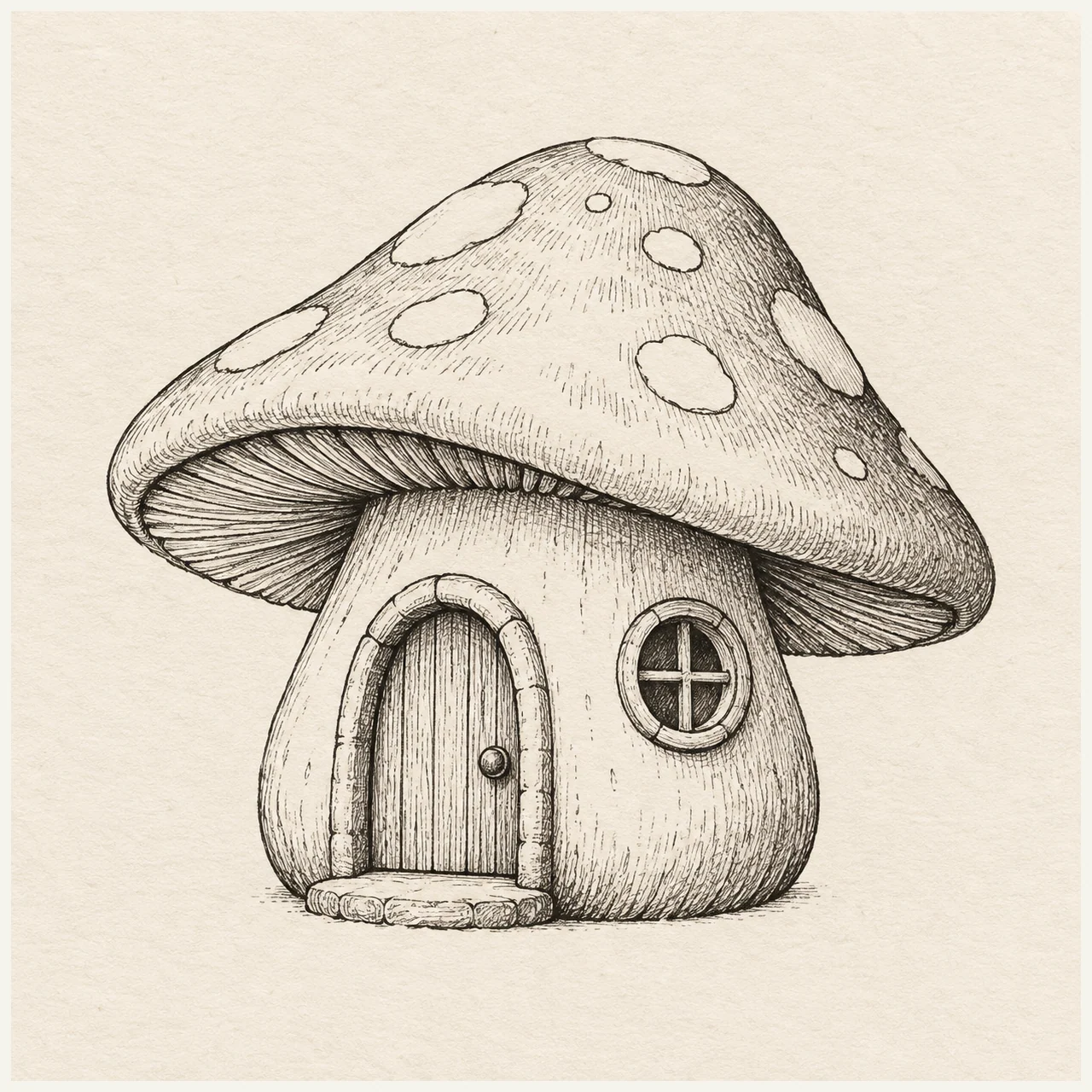 Mushroom house drawn in black and gray fineliner on pale cream textured sketchbook paper, with a complete silhouette and open margins.