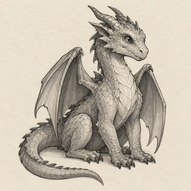 Dragon drawn in black and gray marker on pale cream textured sketchbook paper, with a complete silhouette and open margins.