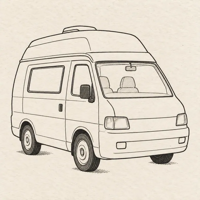 Camper van drawn in black and gray fineliner on pale cream textured sketchbook paper, with a complete silhouette and open margins.