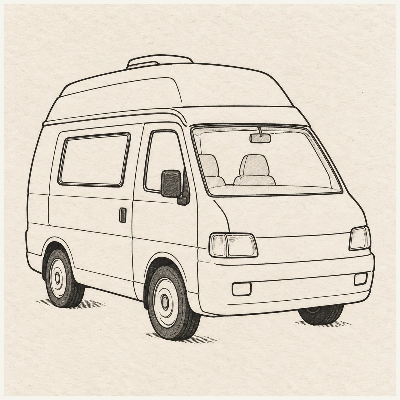 Camper van drawn in black and gray fineliner on pale cream textured sketchbook paper, with a complete silhouette and open margins.