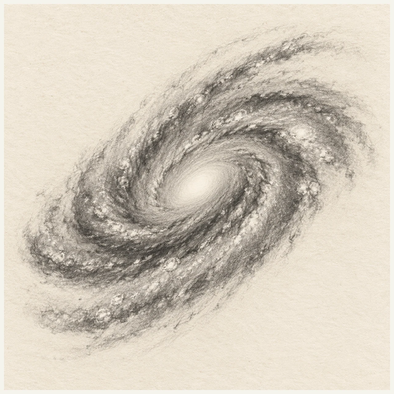 Spiral galaxy drawn in black and gray pencil on pale cream textured sketchbook paper, with a complete silhouette and open margins.