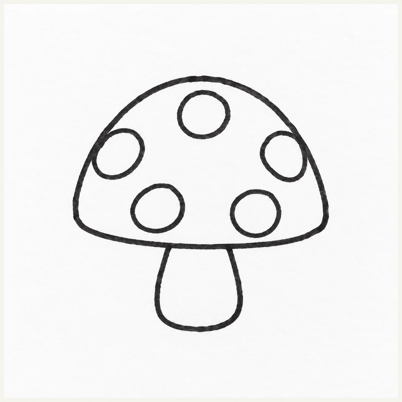 A single mushroom drawn with a broad rounded cap, five spots, and a short stem in black marker.