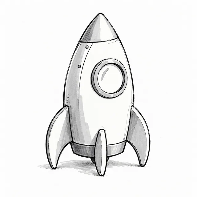 Black marker sketch of a small upright rocket with a rimmed porthole, curved fins, simple seams, a few rivets, and light gray side accents.