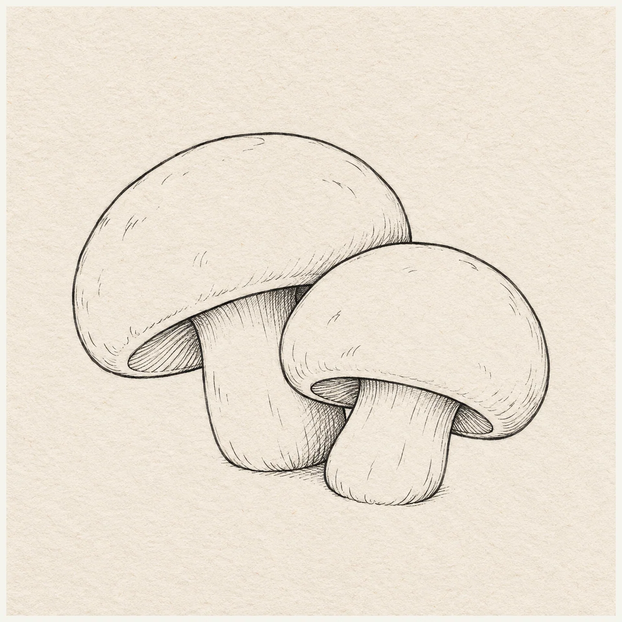 Two mushrooms with rounded caps and short stems, one overlapping the other; cap undersides visible only at the near rims. Black and gray fineliner drawing on warm textured sketchbook paper.
