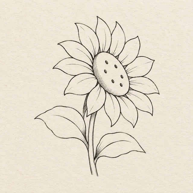 One sunflower bloom facing slightly sideways, an oval seed center, surrounding petals, a short stem and two leaves. Black and gray fineliner drawing on warm textured sketchbook paper.