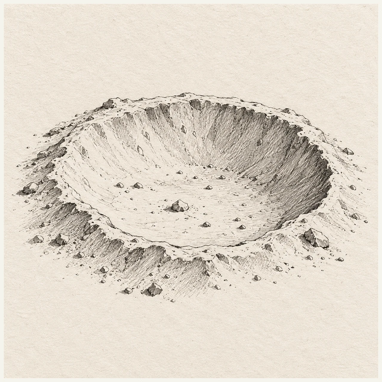 Lunar crater drawn in black and gray fineliner on pale cream textured sketchbook paper, with a complete silhouette and open margins.