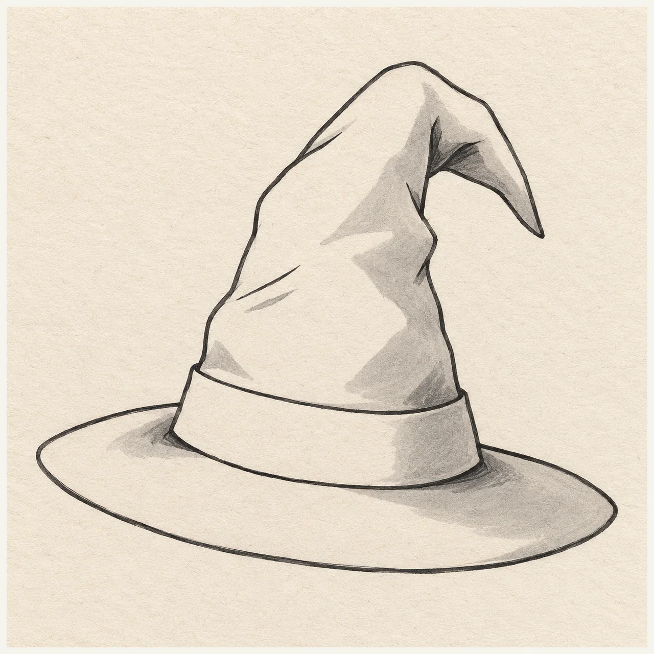 Wizard hat drawn in black and gray marker on pale cream textured sketchbook paper, with a complete silhouette and open margins.