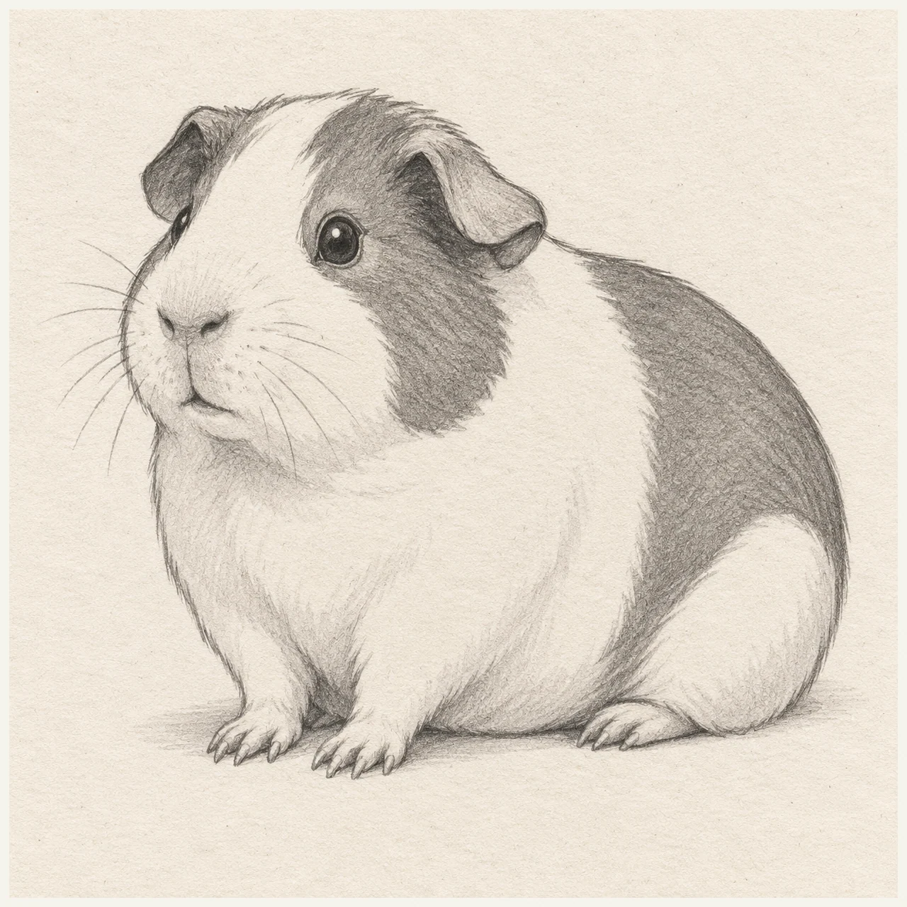Pencil drawing of a seated guinea pig with broad coat patches, small folded ears and three visible paws on textured paper.