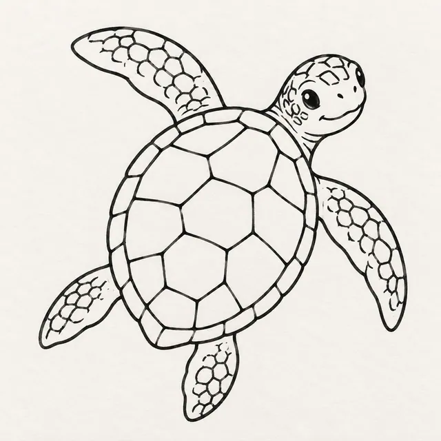 A simple black marker sea turtle viewed from above, with a patterned oval shell and four flippers.