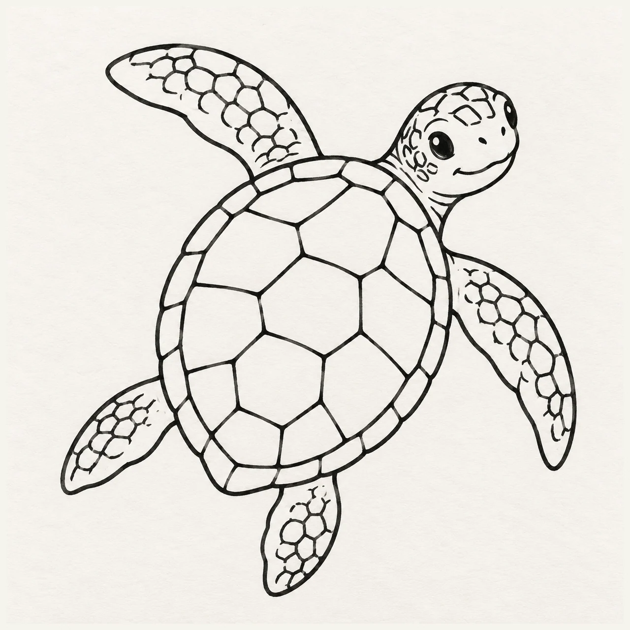 A simple black marker sea turtle viewed from above, with a patterned oval shell and four flippers.