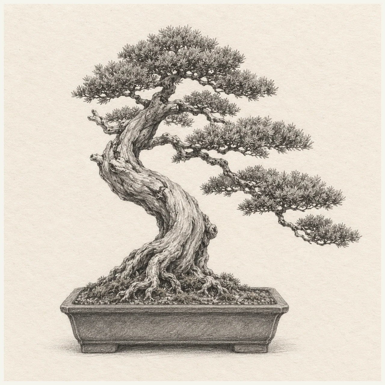 Detailed pencil drawing of a bonsai with a twisted trunk, layered needle foliage, exposed roots, and a shallow pot on textured paper.